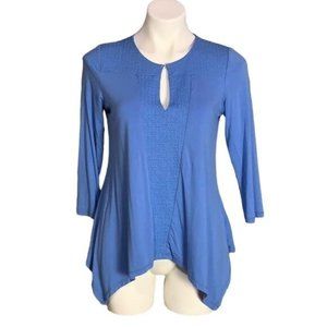 Adrianna Papell Womans S  Blue 3/4 Sleeve Asymmetrical Blouse Keyhole Detail